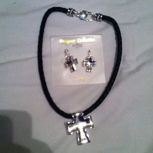 Black Leather/Silver Cross w/ Matching Earrings