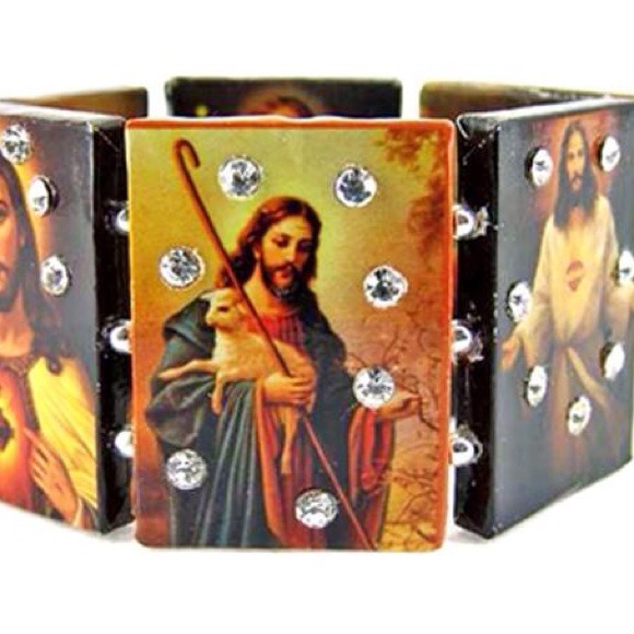 Decopaged Jesus bracelet rhinestones