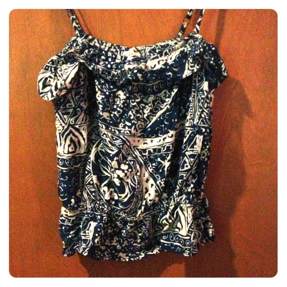 Tribal teal and white ruffle tank