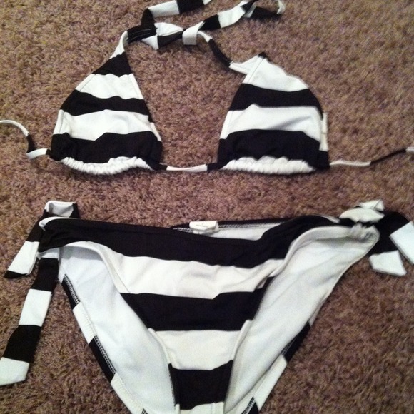 Brown & White Stripe Bikini. S/M
