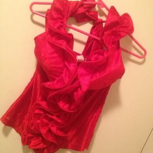Fiery Red Halter-Necked Ruffled Top.