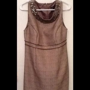 Brownish gold sleeveless evening dress, sequined.