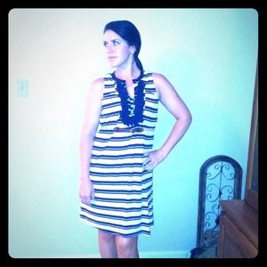 Navy and white stripped dress with belt