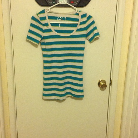 Navy blue green and white striped shirt