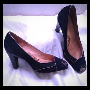 Suede Navy Peep Toe Pumps - size 10