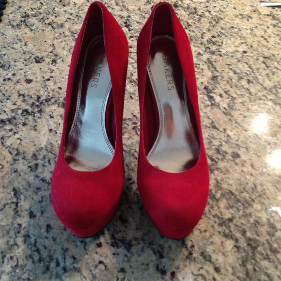 Red suede bakers pumps