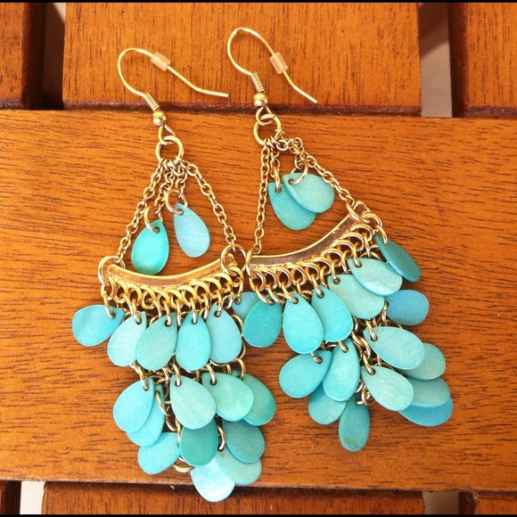Teal and Gold Chandelier Earrings