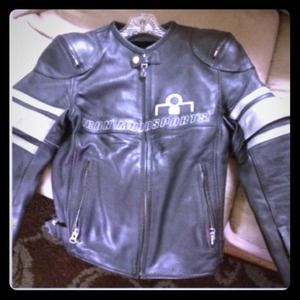 Black heavy leather Icon brand motorcycle jacket