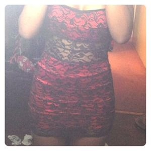 Red strapless dress with sheer parts