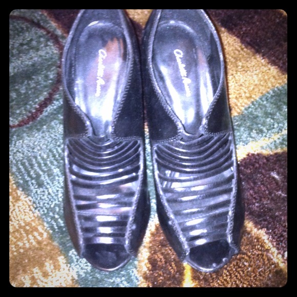 Black strappy peep toe heels