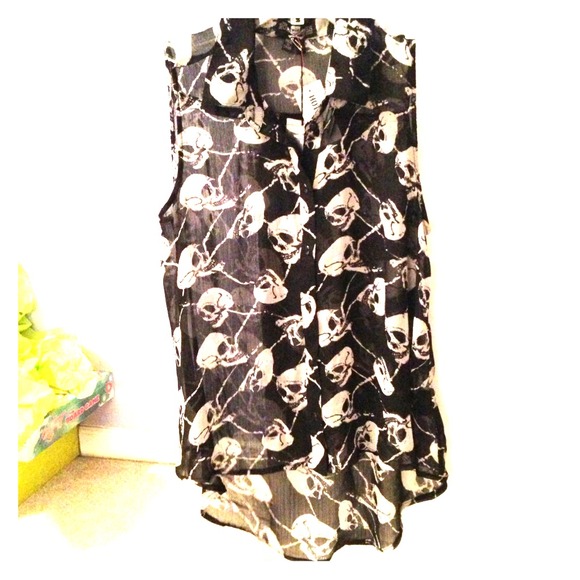 Sheer, black and white skull button down shirt