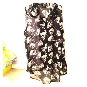 Sheer, black and white skull button down shirt
