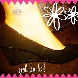 Sueded black closed toe wedges