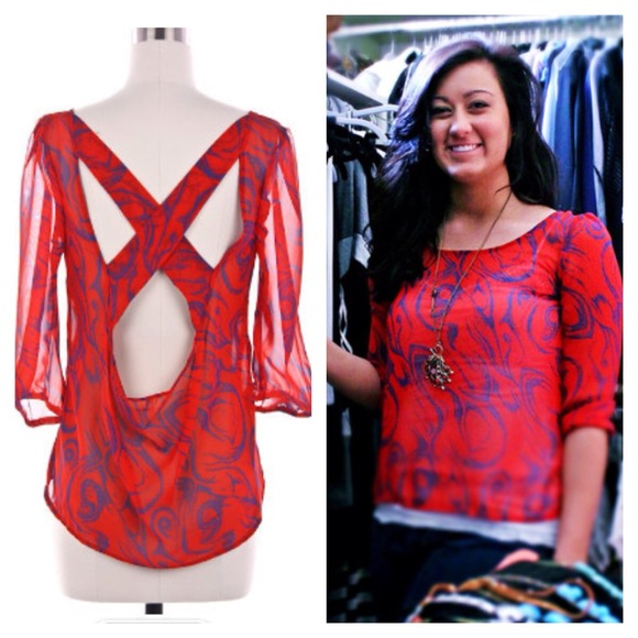 🏆SOLD🏆Red/navy open back 3/4 sleeve sheer