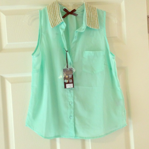 SOLD!! Mint blouse with gold&white pearls/beads