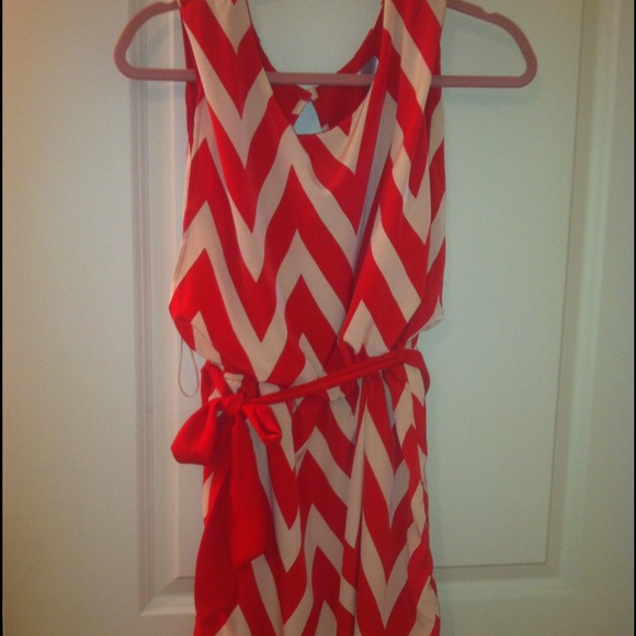 Red and tan chevron dress