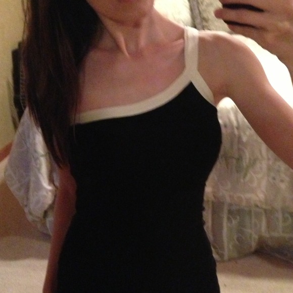 Asymmetrical Knit Black Dress with White Trim - Picture 2 of 4