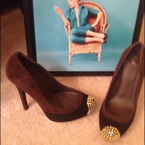Brown and Black Suede with gold coined toe heels