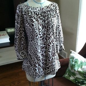 Trina Turk 100% Silk, White & Brown Print, Size L.