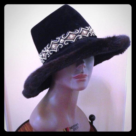 Black studded mink brim hat main image 2