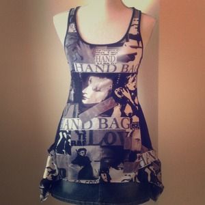 TRADED! N/A GRAPHIC NEWSPAPER PRINT RACERBACK TOP