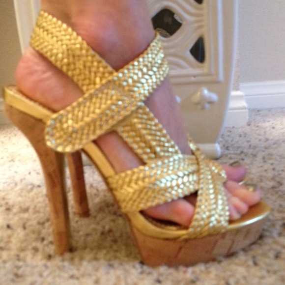 BEBE Gold Cork Heels. Size 6.