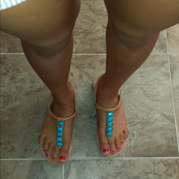 Turquoise rock sandal. Tan and turquoise. - Picture 2 of 4