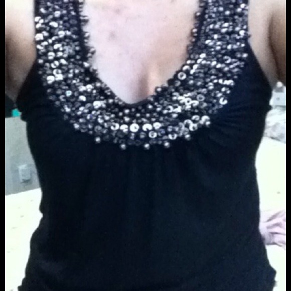 Black Dressy shirt with silver beads neckline.