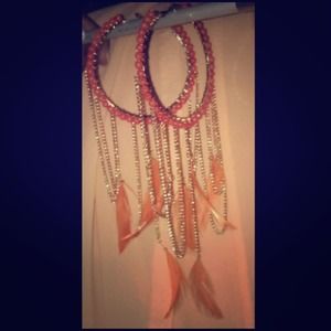 Orange/Peach Hoop Feather Earrings