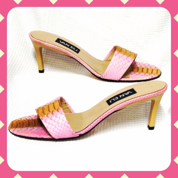 Pink and tan kitten heel slides