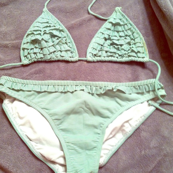 Green seersucker bikini with ruffle accent