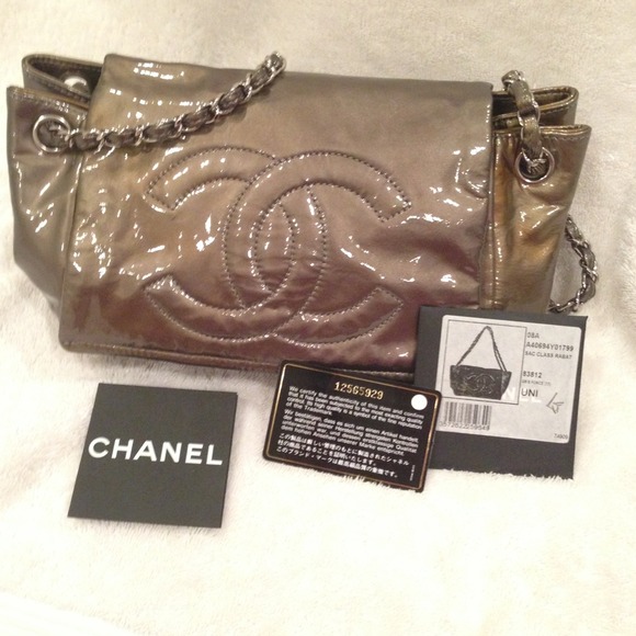 Authentic Chanel bag silver grey Patent Leather