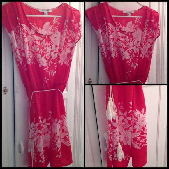 Bright orange floral dress.