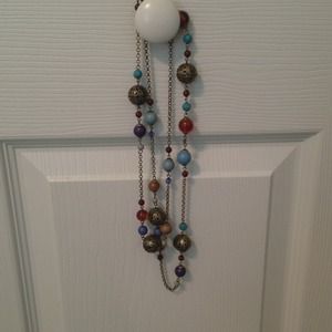 Blue brown and red necklace