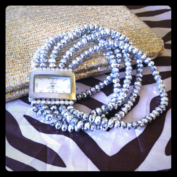 Silver bead bracelet w/ watch