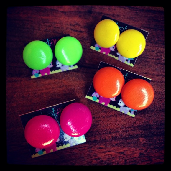 Neon silver black white pink button earrings studs