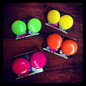 Neon silver black white pink button earrings studs
