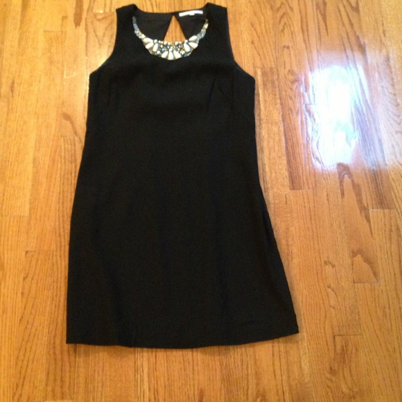 RebeccaTaylor black linen dress jeweled neckline
