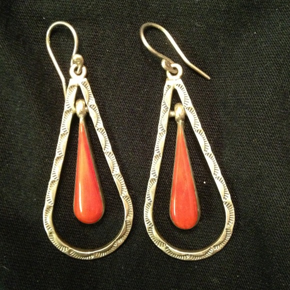 Silver and coral stone earrings