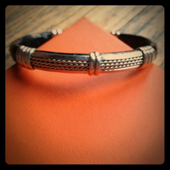 Silver & Black Leather Bracelet Cuff