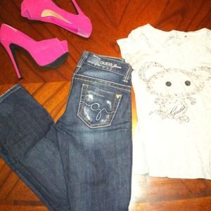 Guess Mariposa bootleg jeans size 23 free bear tee