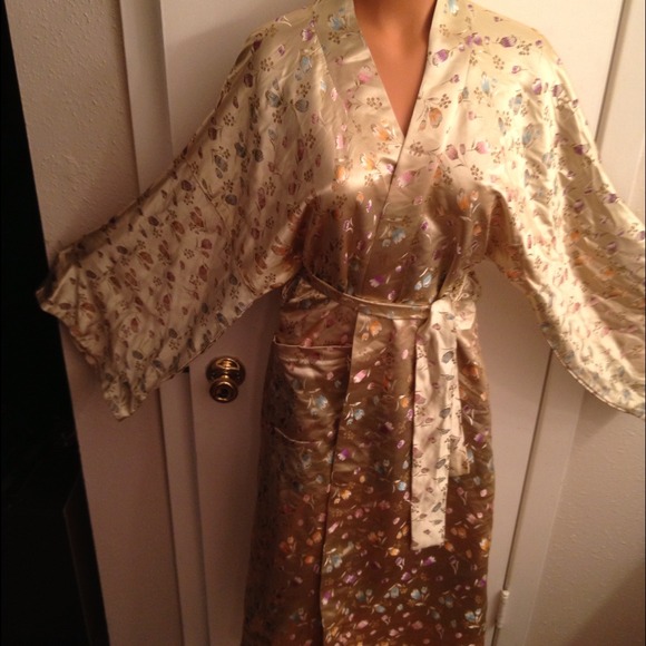 Gold Embroidery Asian Style Flower Print Robe SzM - Picture 3 of 4