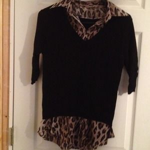 Leopard print blouse with black messed overlay