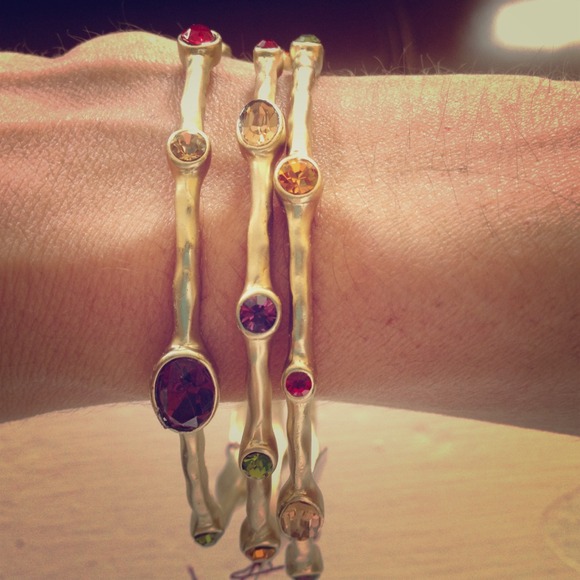 Set of 3 matte gold and gemstone bangles