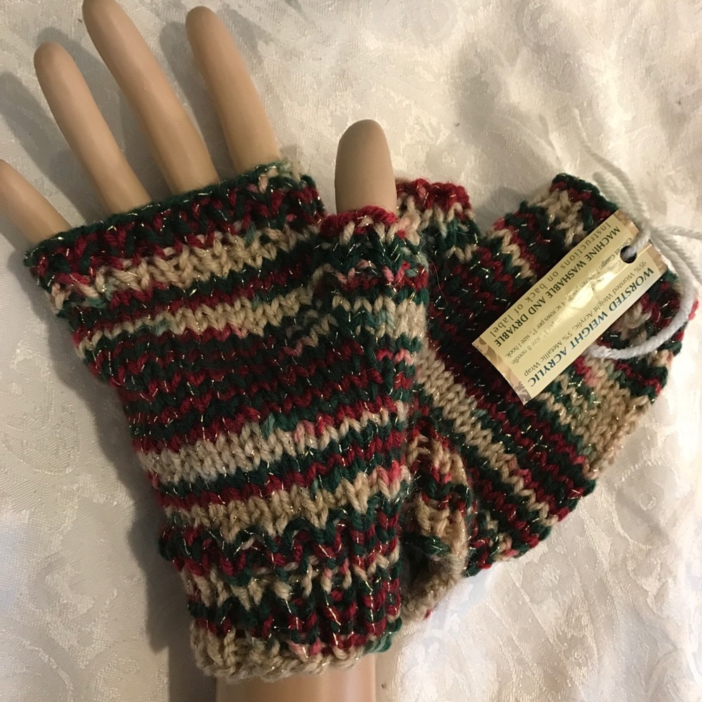Handknit Fingerless Mittens- Metallic Threads