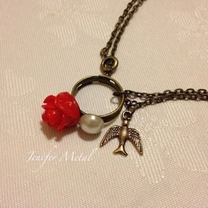 Bronze Rings Red Rose Cabochon Pearl Bird Necklace