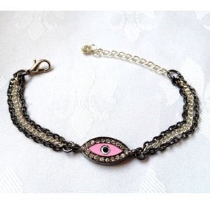 Pink Evil Eye Gun Metal Chain Bracelet