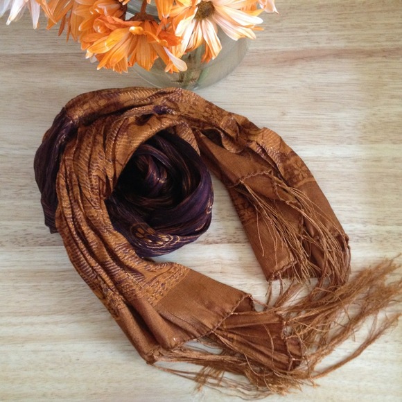 Deep mahogany and orange scarf with fringes