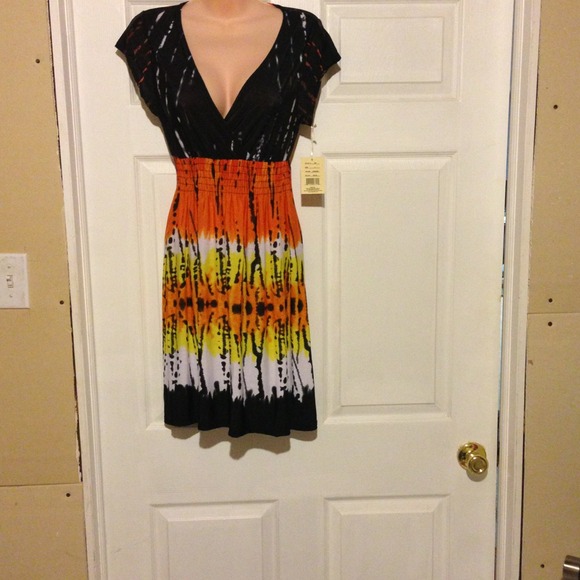 ***SOLD***Black/orange/yellow/white designed dress