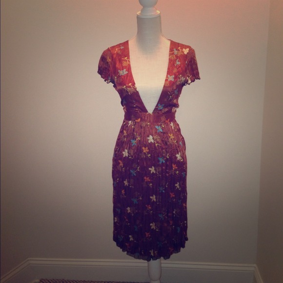 Free People Copper V-neck Silk Flower Dress - Picture 3 of 5